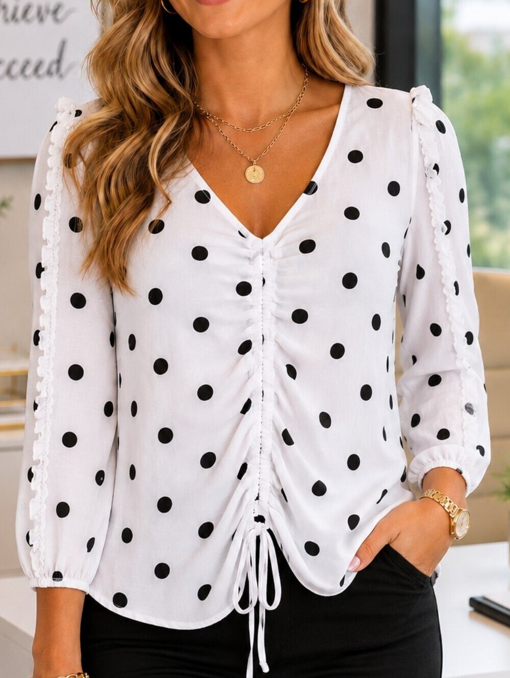 Cato White/Black V-Neck Top Polka Dot Ruched Tie Front Popover Ruffles Sleeves
